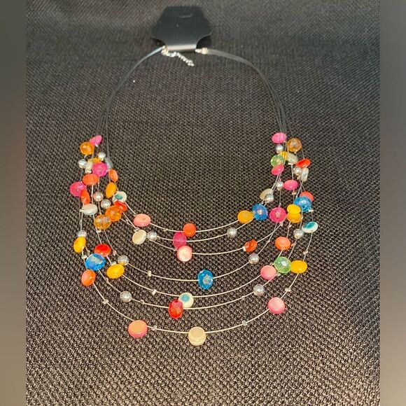 Multi Color Beaded Illusion Wire Collar Statement Necklace - Adjustable to 20” - Picture 1 of 3